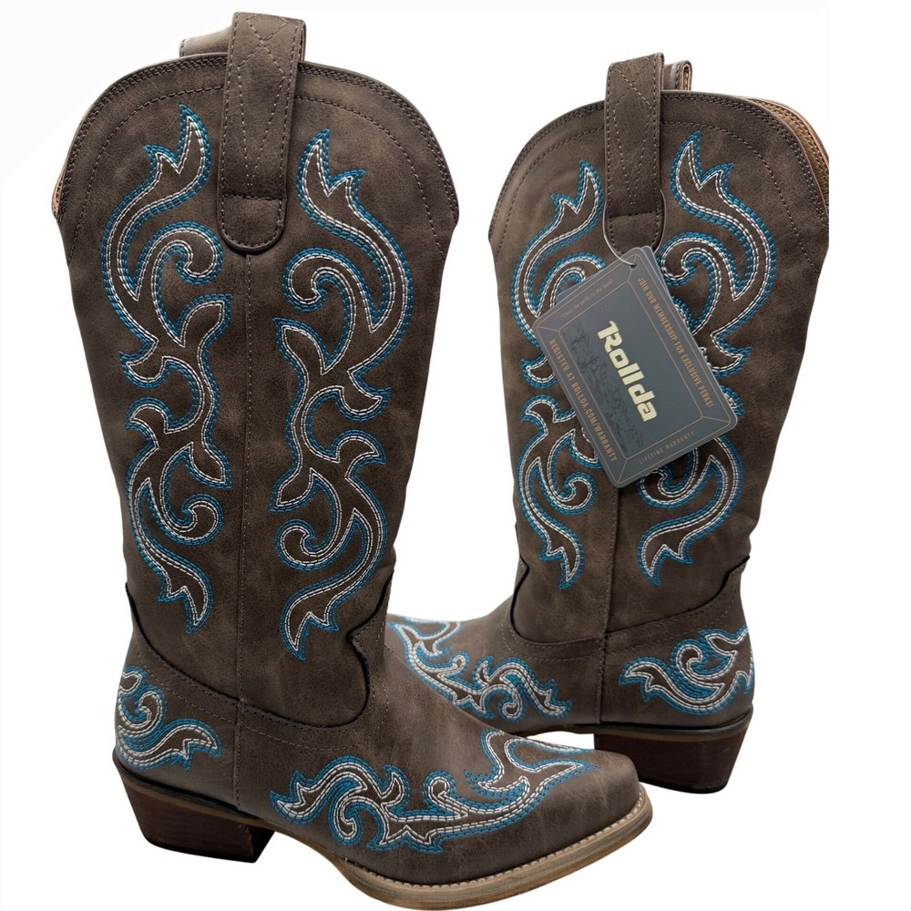 Rollda Cowboy Boots Embroidered Western Women Size 6 Brown Turquoise NZX04WCP